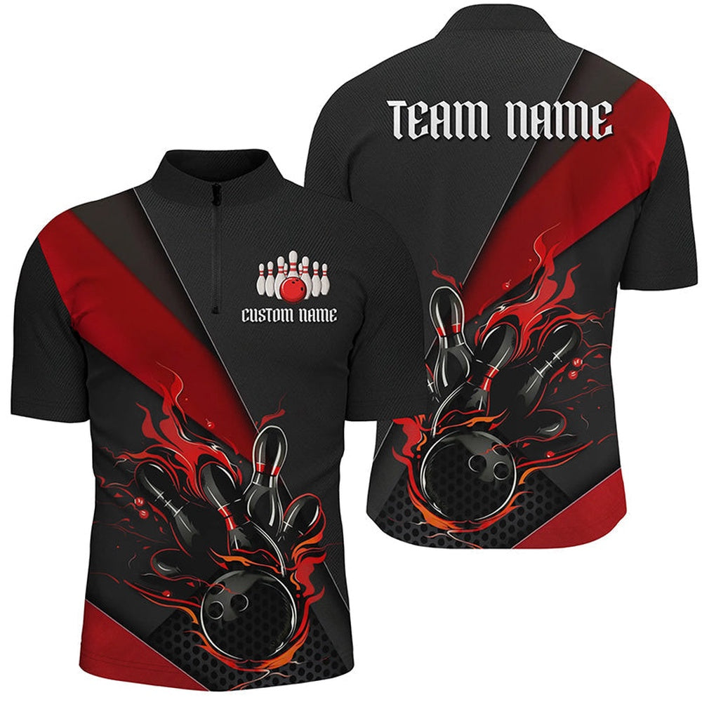 Custom Bowling Polo Shirts, Black And Red Custom Name Bowling Tournament Jerseys For Men And Women, Bowling Team Shirts
