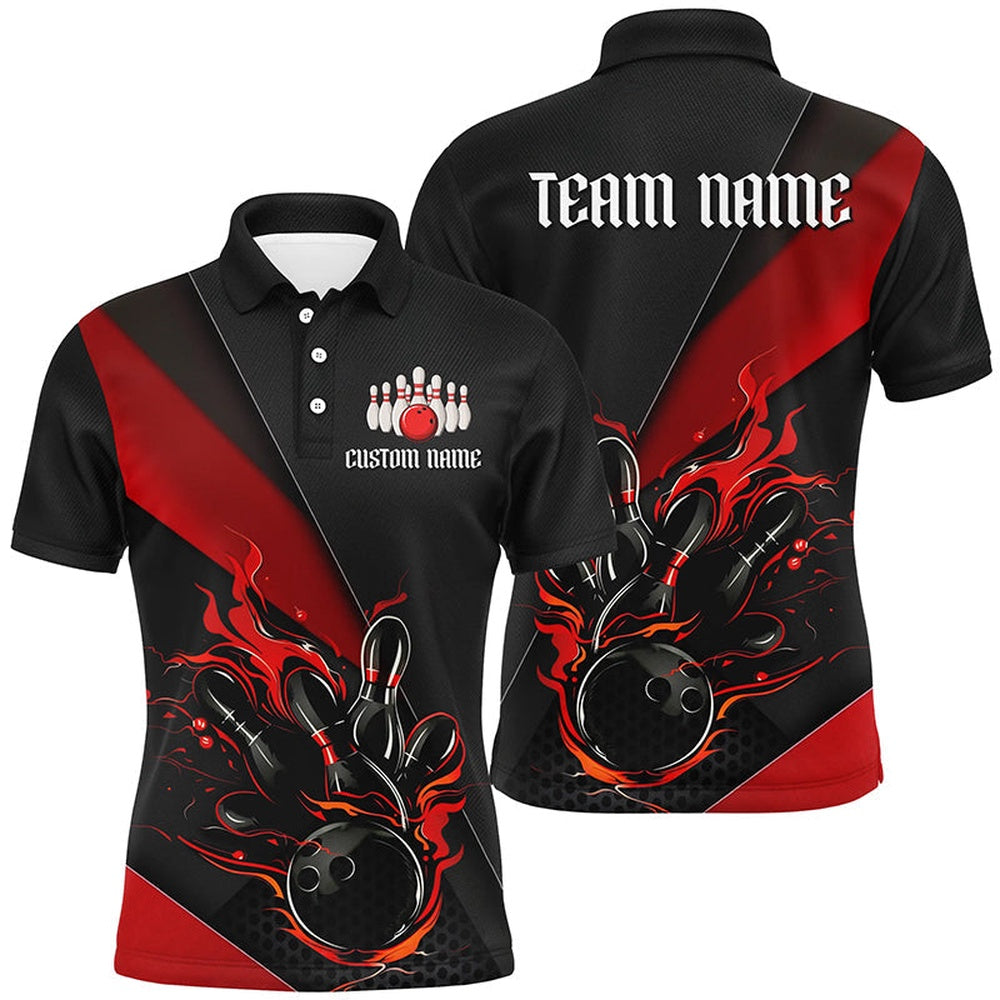 Custom Bowling Polo Shirts, Black And Red Custom Name Bowling Tournament Jerseys For Men And Women, Bowling Team Shirts