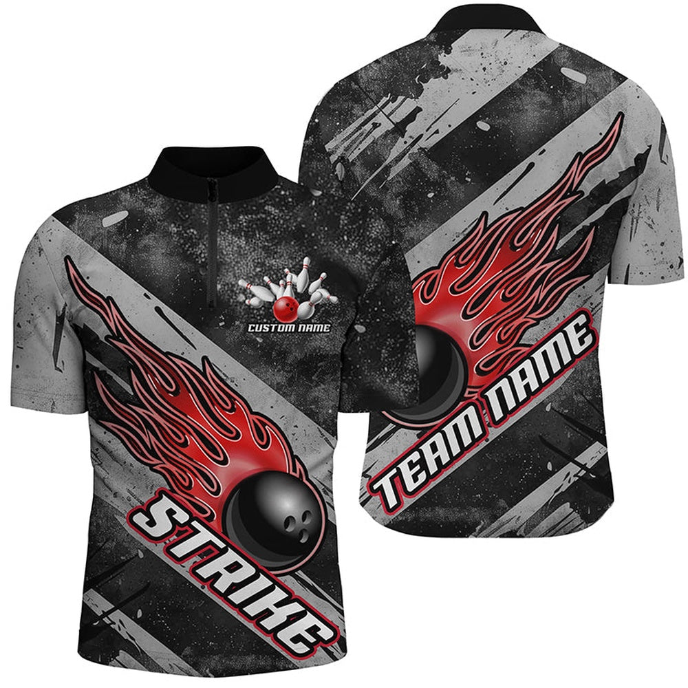 Custom Bowling Polo Shirts, Black And Red Flame Bowling Ball Custom Team Shirts For Men And Women, Tournament Team Jerseys
