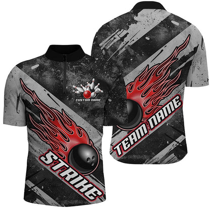 Custom Bowling Polo Shirts, Black And Red Flame Bowling Ball Custom Team Shirts For Men And Women, Tournament Team Jerseys