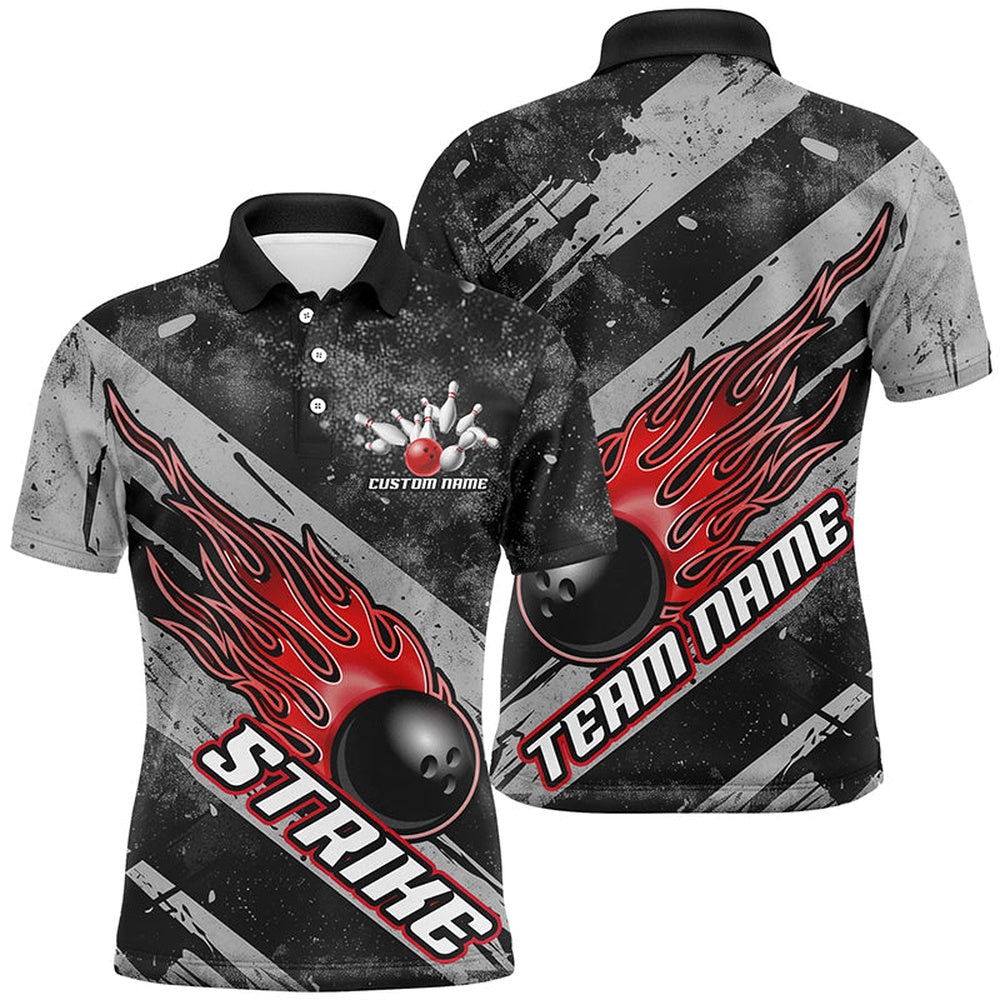 Custom Bowling Polo Shirts, Black And Red Flame Bowling Ball Custom Team Shirts For Men And Women, Tournament Team Jerseys
