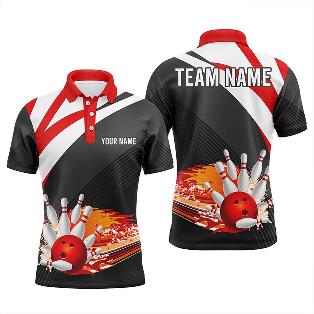 Custom Bowling Polo Shirts, Black And Red Men'S Bowling Polo Shirt Custom Flame Bowling Ball Fire Team Mens Bowlers Jerseys