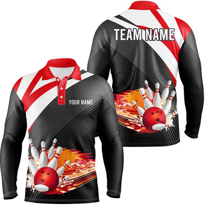 Custom Bowling Polo Shirts, Black And Red Men'S Bowling Polo Shirt Custom Flame Bowling Ball Fire Team Mens Bowlers Jerseys