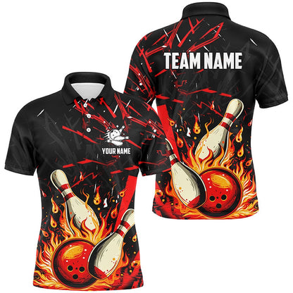 Custom Bowling Polo Shirts, Black And Red Mens Bowling Shirts Custom Flame Bowling Apparel Team Bowling Jerseys, Gift For Bowlers