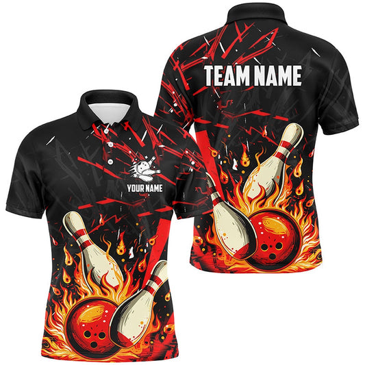 Custom Bowling Polo Shirts, Black And Red Mens Bowling Shirts Custom Flame Bowling Apparel Team Bowling Jerseys, Gift For Bowlers