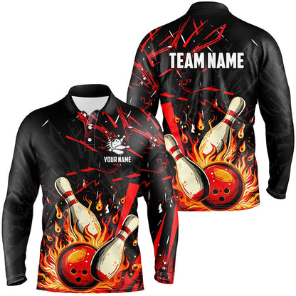 Custom Bowling Polo Shirts, Black And Red Mens Bowling Shirts Custom Flame Bowling Apparel Team Bowling Jerseys, Gift For Bowlers