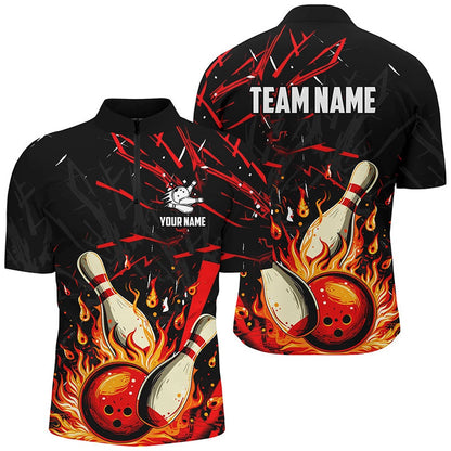 Custom Bowling Polo Shirts, Black And Red Mens Bowling Shirts Custom Flame Bowling Apparel Team Bowling Jerseys, Gift For Bowlers