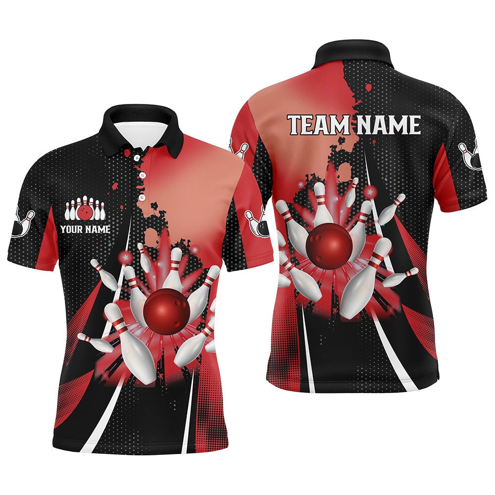 Custom Bowling Polo Shirts, Black And Red Retro Mens Bowling Polo Shirts Custom Bowling Ball And Pins Team Bowling Jerseys