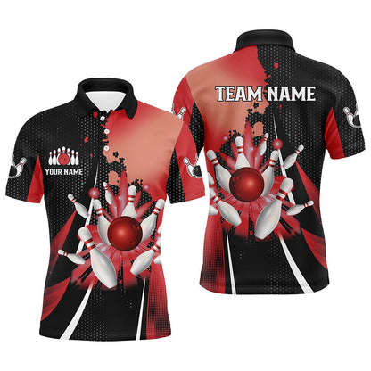 Custom Bowling Polo Shirts, Black And Red Retro Mens Bowling Polo Shirts Custom Bowling Ball And Pins Team Bowling Jerseys