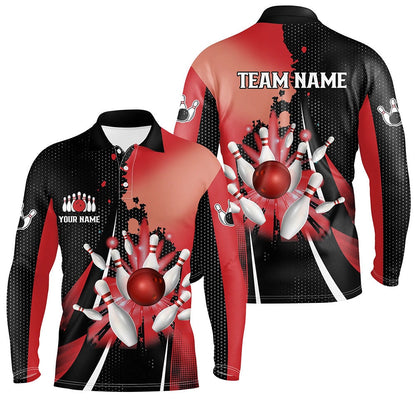 Custom Bowling Polo Shirts, Black And Red Retro Mens Bowling Polo Shirts Custom Bowling Ball And Pins Team Bowling Jerseys