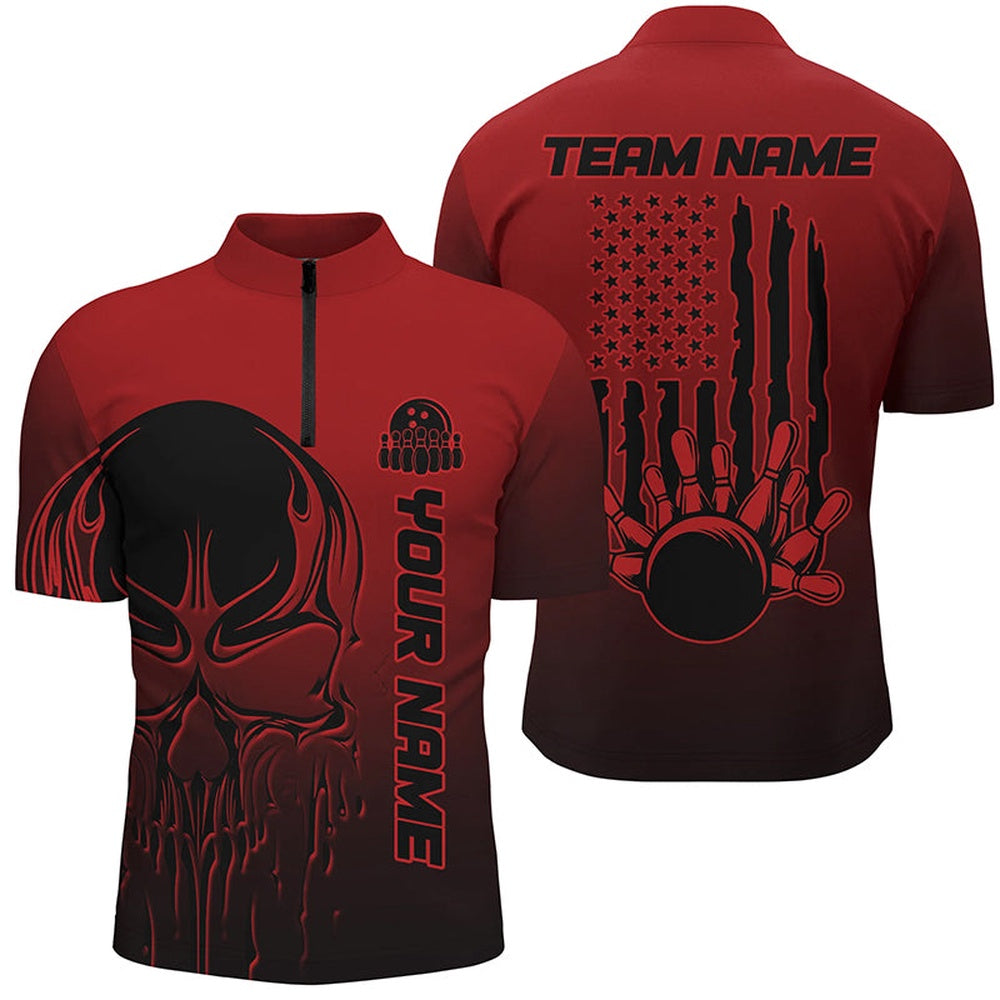 Custom Bowling Polo Shirts, Black And Red Skull Custom Unisex Bowling Team Shirts, American Flag Patriotic Bowling Outfits