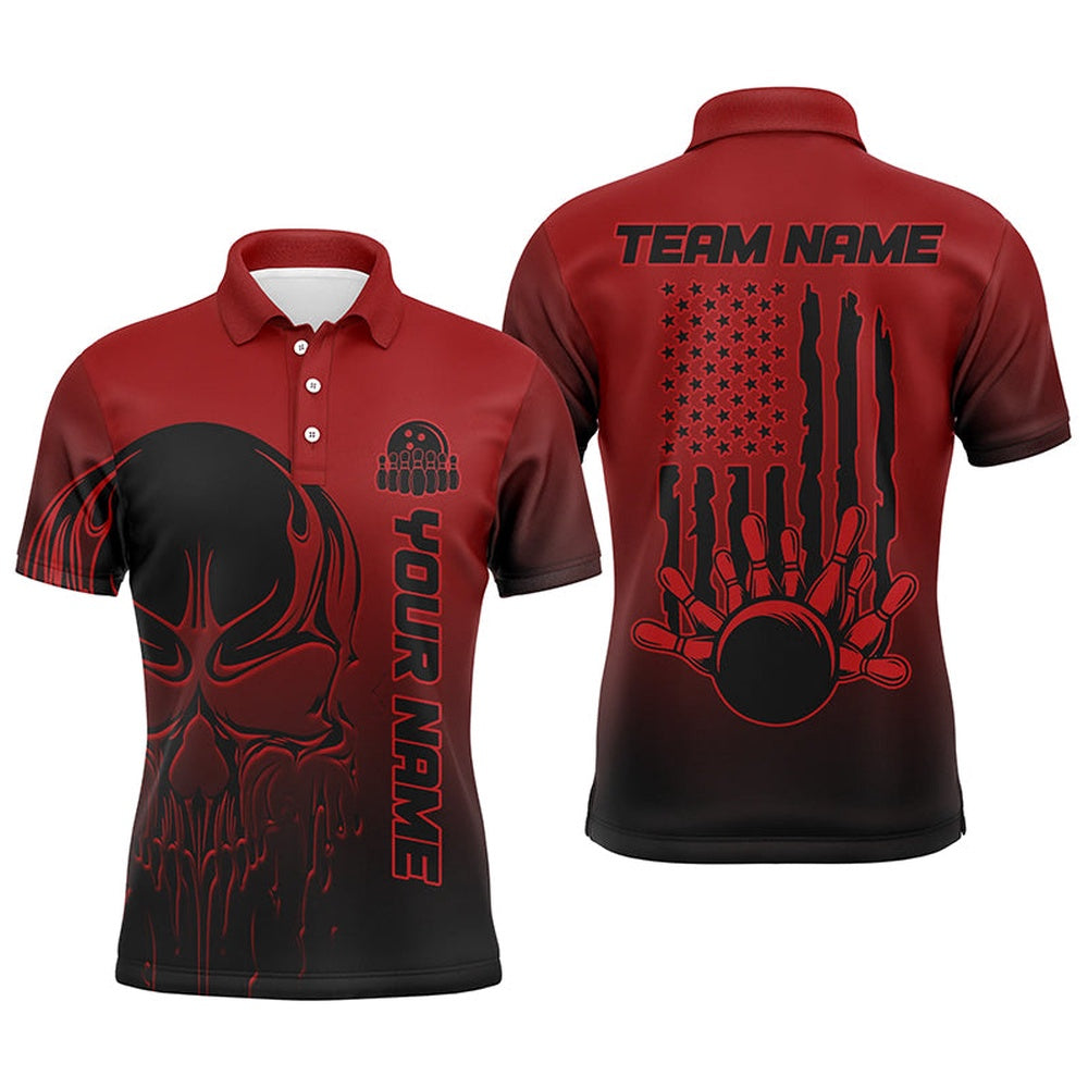 Custom Bowling Polo Shirts, Black And Red Skull Custom Unisex Bowling Team Shirts, American Flag Patriotic Bowling Outfits