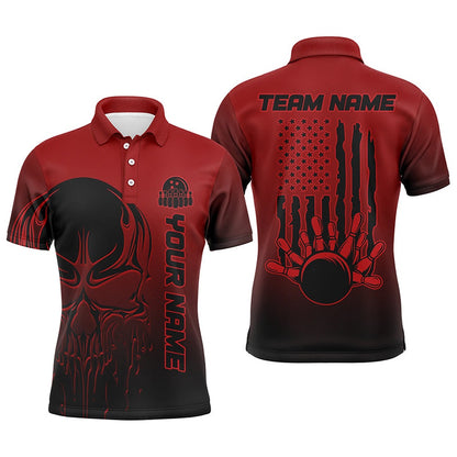 Custom Bowling Polo Shirts, Black And Red Skull Custom Unisex Bowling Team Shirts, American Flag Patriotic Bowling Outfits