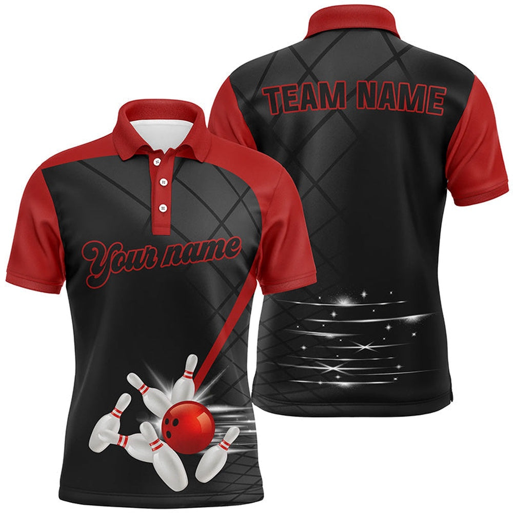 Custom Bowling Polo Shirts, Black And Red Team Bowling League Jerseys Custom Men Bowling Polo Shirt, Gifts For Mens Bowler