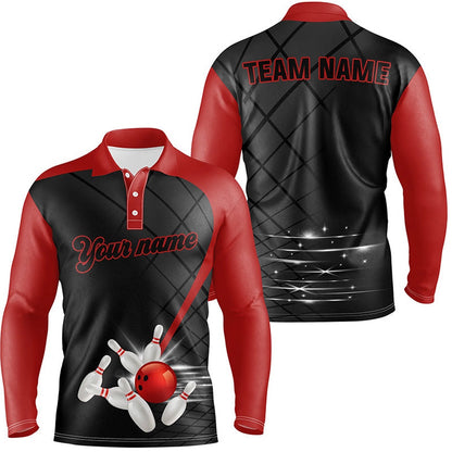 Custom Bowling Polo Shirts, Black And Red Team Bowling League Jerseys Custom Men Bowling Polo Shirt, Gifts For Mens Bowler