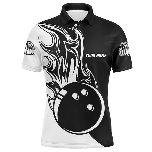 Custom Bowling Polo Shirts, Black And White Bowling Ball Fire Mens Bowling Polo Shirts Custom Mens Bowling Team Jerseys