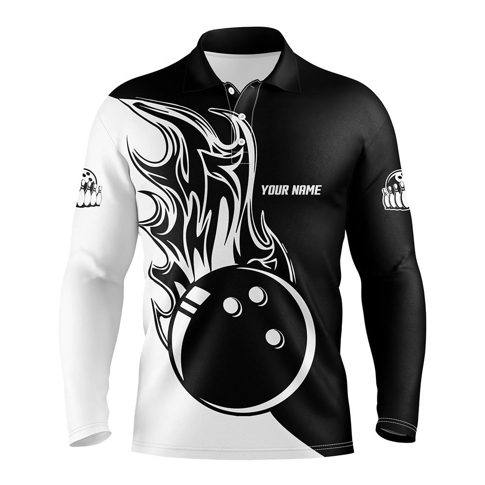 Custom Bowling Polo Shirts, Black And White Bowling Ball Fire Mens Bowling Polo Shirts Custom Mens Bowling Team Jerseys