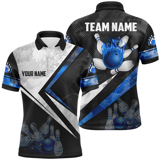 Custom Bowling Polo Shirts, Black And White Bowling Polo Shirt For Men Custom Bowling Ball Pins Team Bowler Jerseys Blue