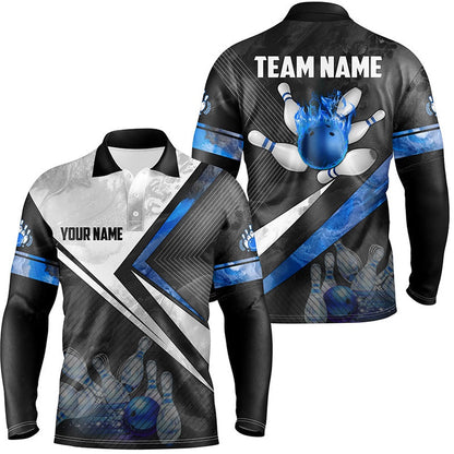 Custom Bowling Polo Shirts, Black And White Bowling Polo Shirt For Men Custom Bowling Ball Pins Team Bowler Jerseys Blue