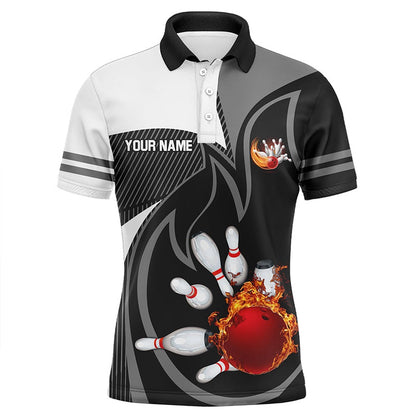 Custom Bowling Polo Shirts, Black And White Bowling Polo Shirt For Men Custom Red Flame Team Bowling Ball And Pins Jerseys