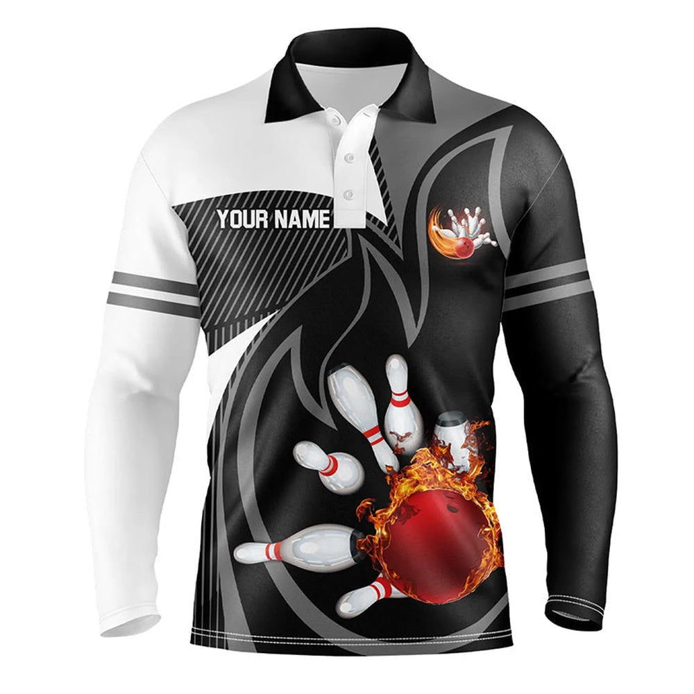 Custom Bowling Polo Shirts, Black And White Bowling Polo Shirt For Men Custom Red Flame Team Bowling Ball And Pins Jerseys