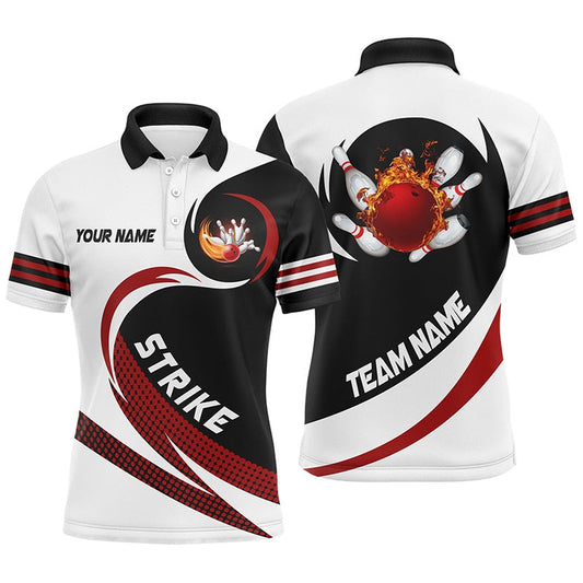 Custom Bowling Polo Shirts, Black And White Bowling Polo Shirts For Men Custom Flame Bowling Ball Fire Strike Team League Jerseys