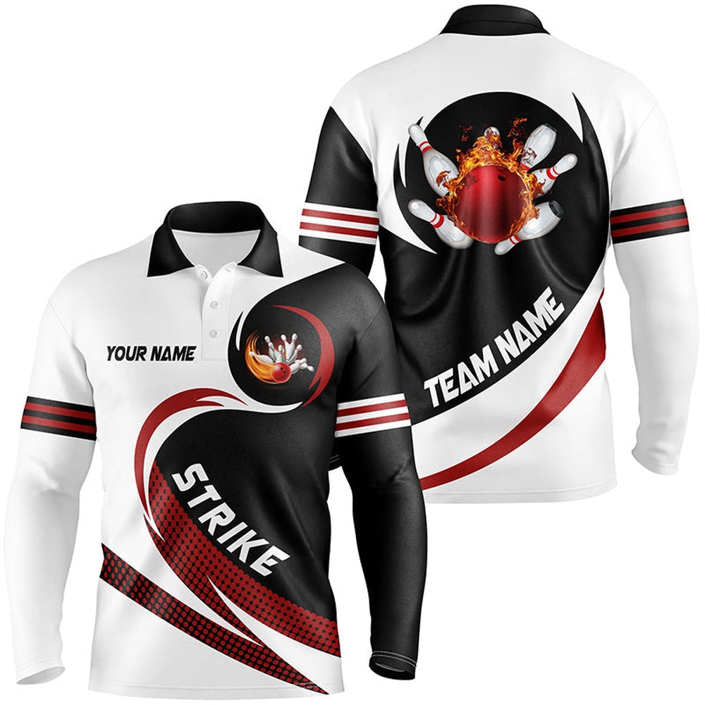 Custom Bowling Polo Shirts, Black And White Bowling Polo Shirts For Men Custom Flame Bowling Ball Fire Strike Team League Jerseys