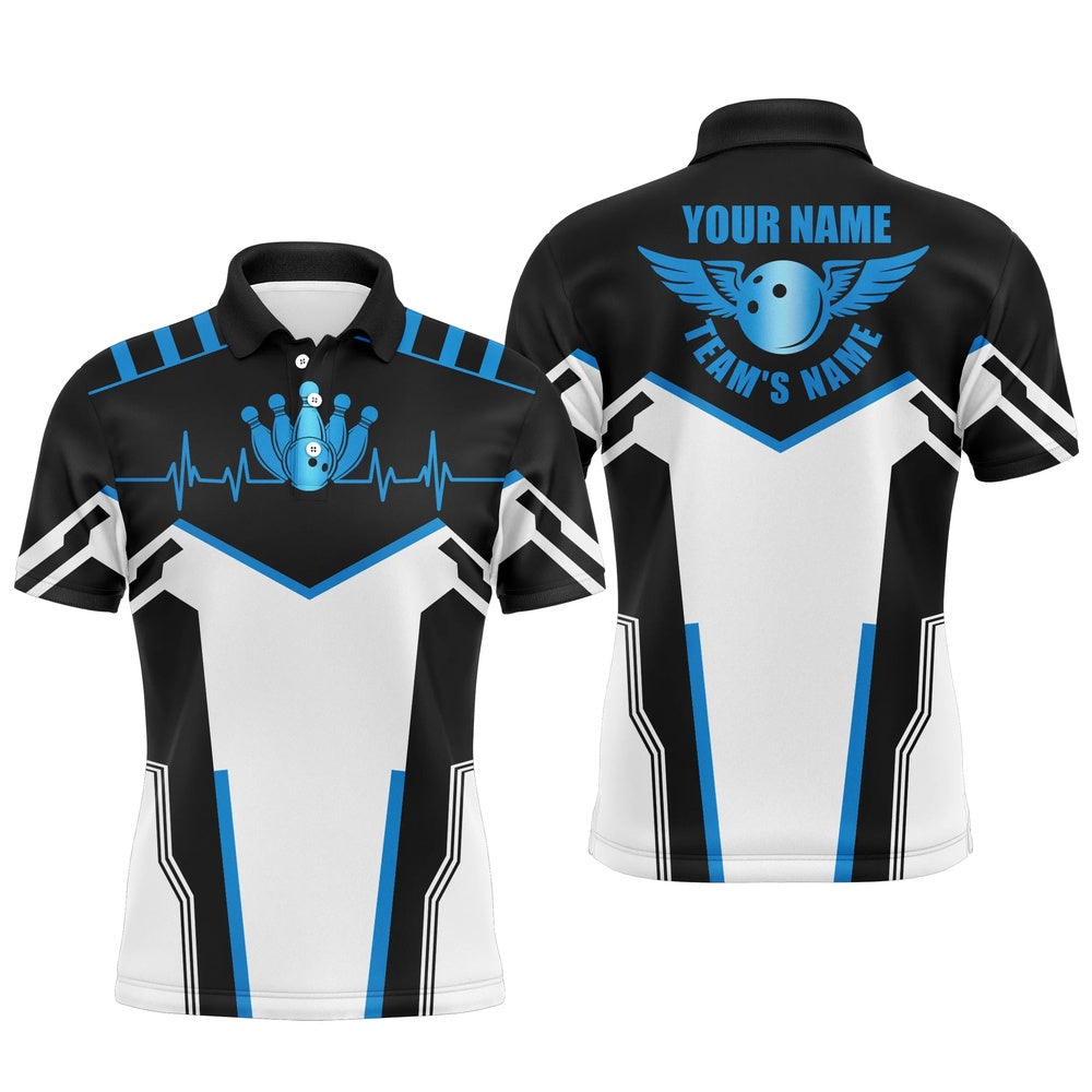 Custom Bowling Polo Shirts, Black And White Bowling Shirts For Men Custom Name, Team Name Bowling Ball & Pins Mens Polo Shirts