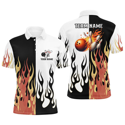 Custom Bowling Polo Shirts, Black And White Mens Bowling Polo Shirts Custom Flame Bowling Team Jerseys, Bowling Shirts For Men