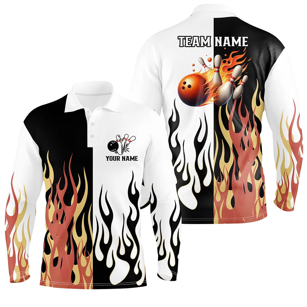 Custom Bowling Polo Shirts, Black And White Mens Bowling Polo Shirts Custom Flame Bowling Team Jerseys, Bowling Shirts For Men