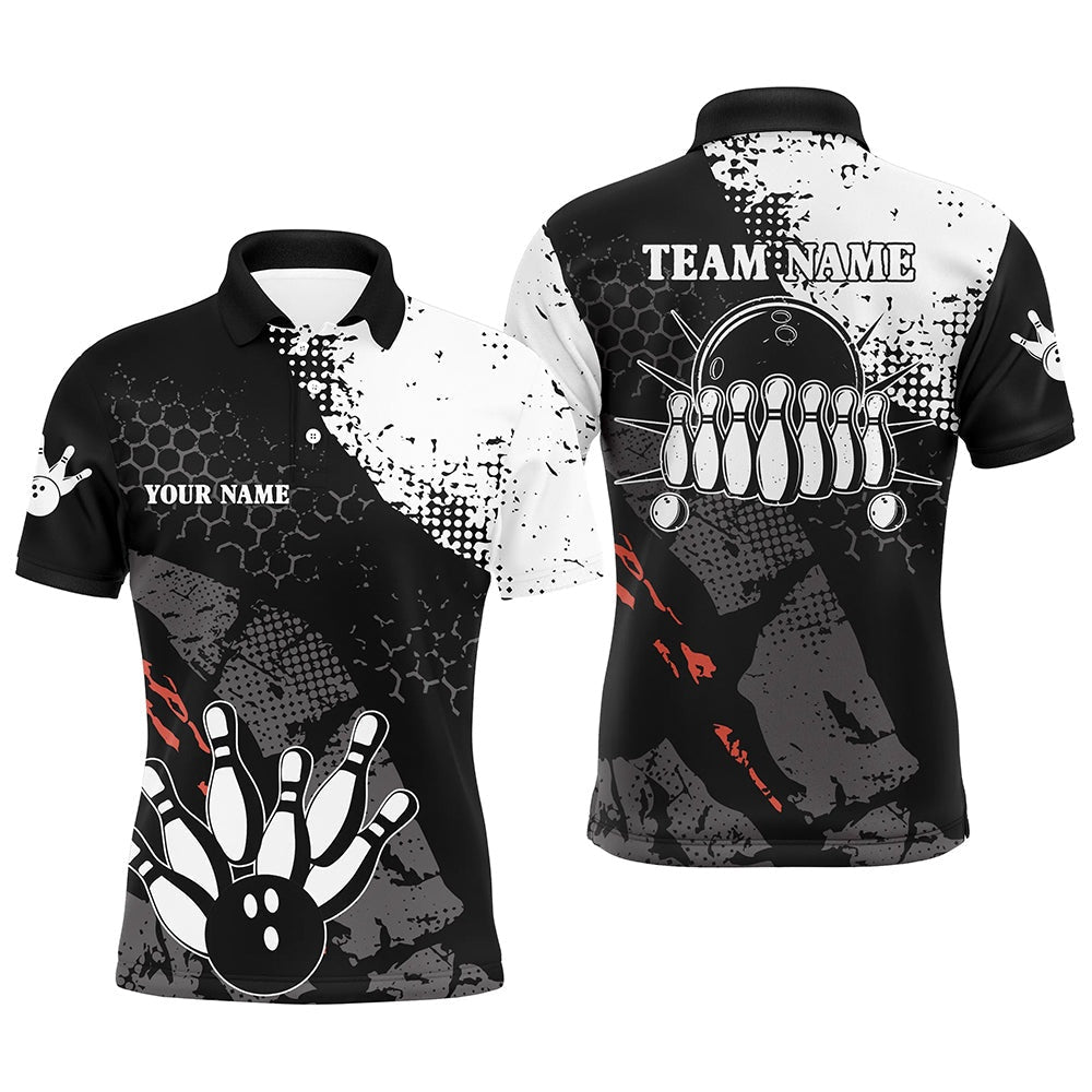 Custom Bowling Polo Shirts, Black And White Mens Polo Bowling Shirts Custom Retro Bowling Ball Pins Bowling Team League Jerseys