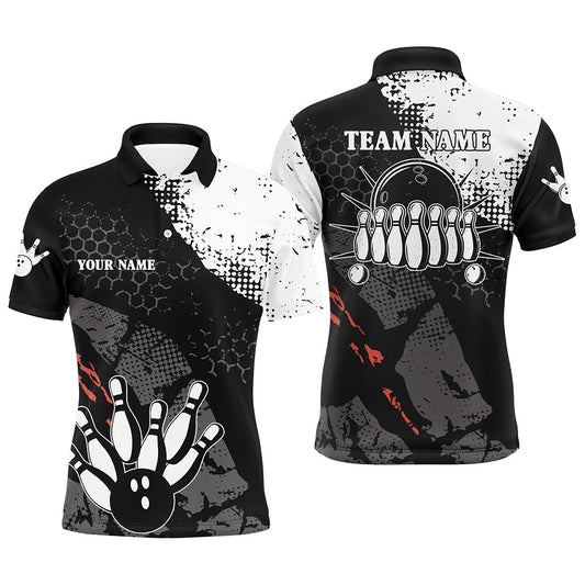 Custom Bowling Polo Shirts, Black And White Mens Polo Bowling Shirts Custom Retro Bowling Ball Pins Bowling Team League Jerseys