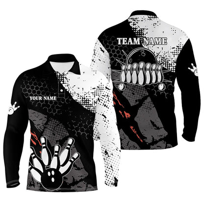Custom Bowling Polo Shirts, Black And White Mens Polo Bowling Shirts Custom Retro Bowling Ball Pins Bowling Team League Jerseys