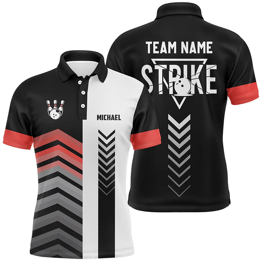 Custom Bowling Polo Shirts, Black And White Mens Polo Bowling Shirts Custom Retro Bowling Ball Pins Team League Jerseys Red