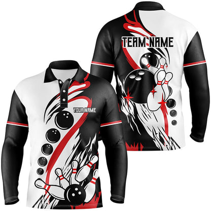 Custom Bowling Polo Shirts, Black And White Retro Bowling League Jerseys Custom Men Bowling Polo Shirt, Gifts For Bowlers