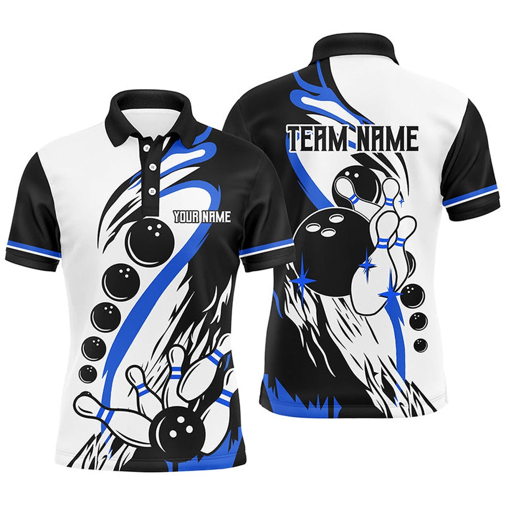 Custom Bowling Polo Shirts, Black And White Retro Bowling League Jerseys Custom Men Bowling Polo Shirt, Gifts For Bowlers Blue