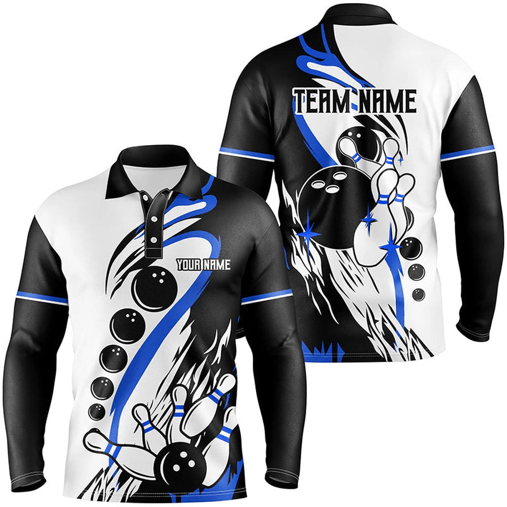 Custom Bowling Polo Shirts, Black And White Retro Bowling League Jerseys Custom Men Bowling Polo Shirt, Gifts For Bowlers Blue