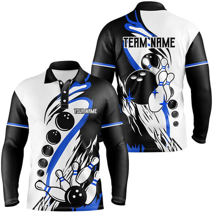Custom Bowling Polo Shirts, Black And White Retro Bowling League Jerseys Custom Men Bowling Polo Shirt, Gifts For Bowlers Blue