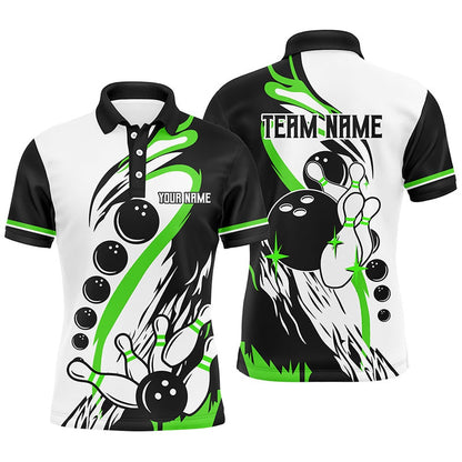 Custom Bowling Polo Shirts, Black And White Retro Bowling League Jerseys Custom Men Bowling Polo Shirt, Gifts For Bowlers Green