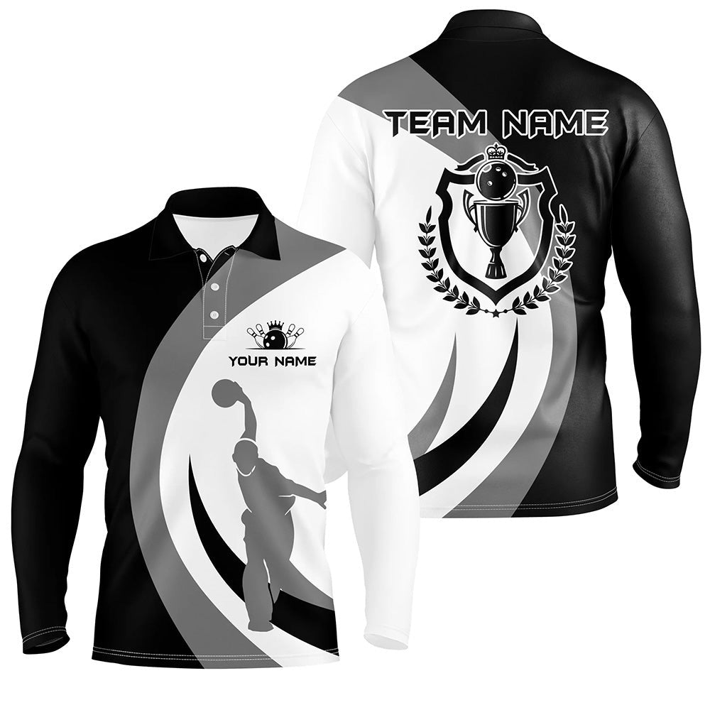Custom Bowling Polo Shirts, Black And White Retro Bowling Polo Shirt For Men Bowling Jersey Custom Bowling League Team Shirt