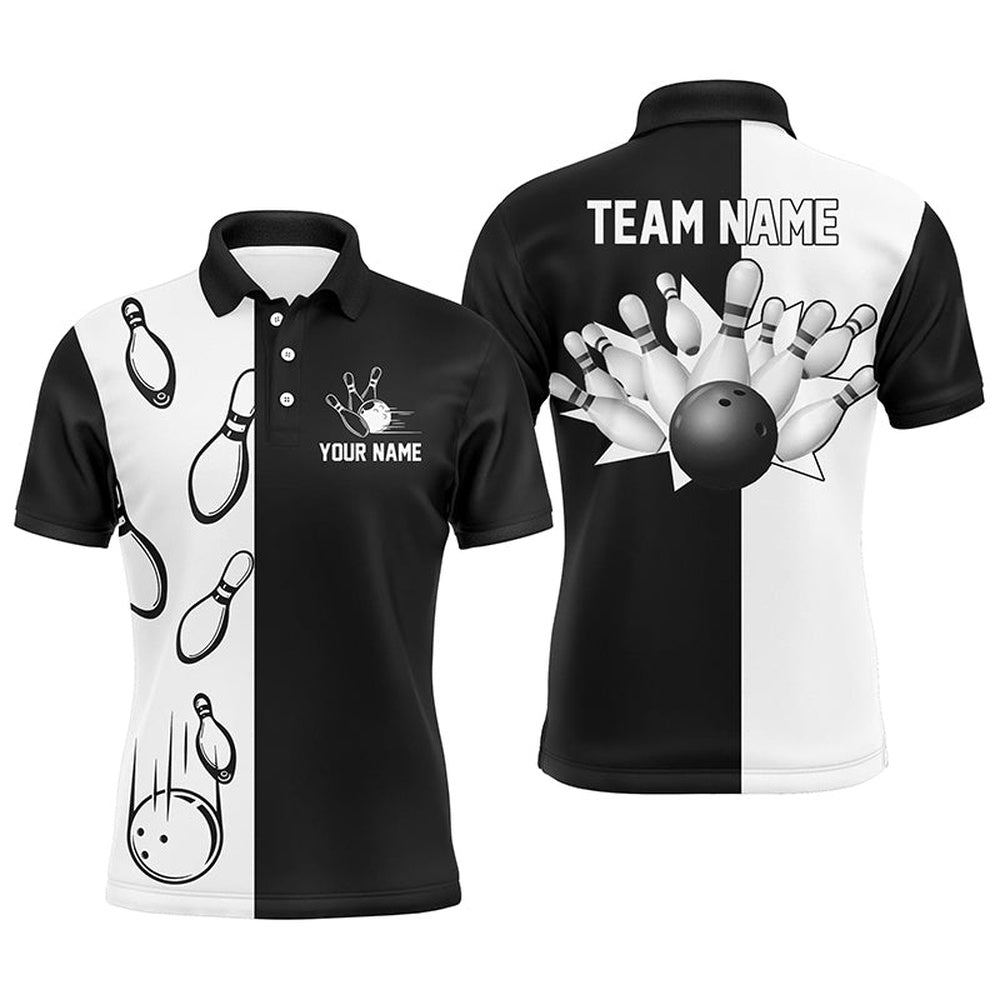 Custom Bowling Polo Shirts, Black And White Retro Vintage Bowling Polo Shirts For Men Custom Bowling Team Jerseys
