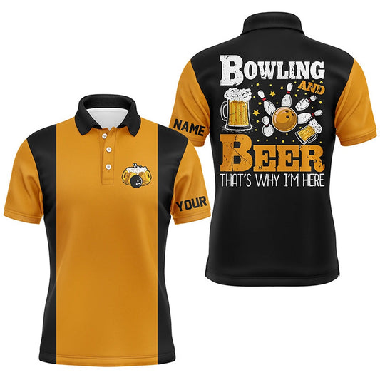 Custom Bowling Polo Shirts, Black And Yellow Retro Bowling Polo Shirts For Men Custom Bowling And Beer That'S Why I'M Here