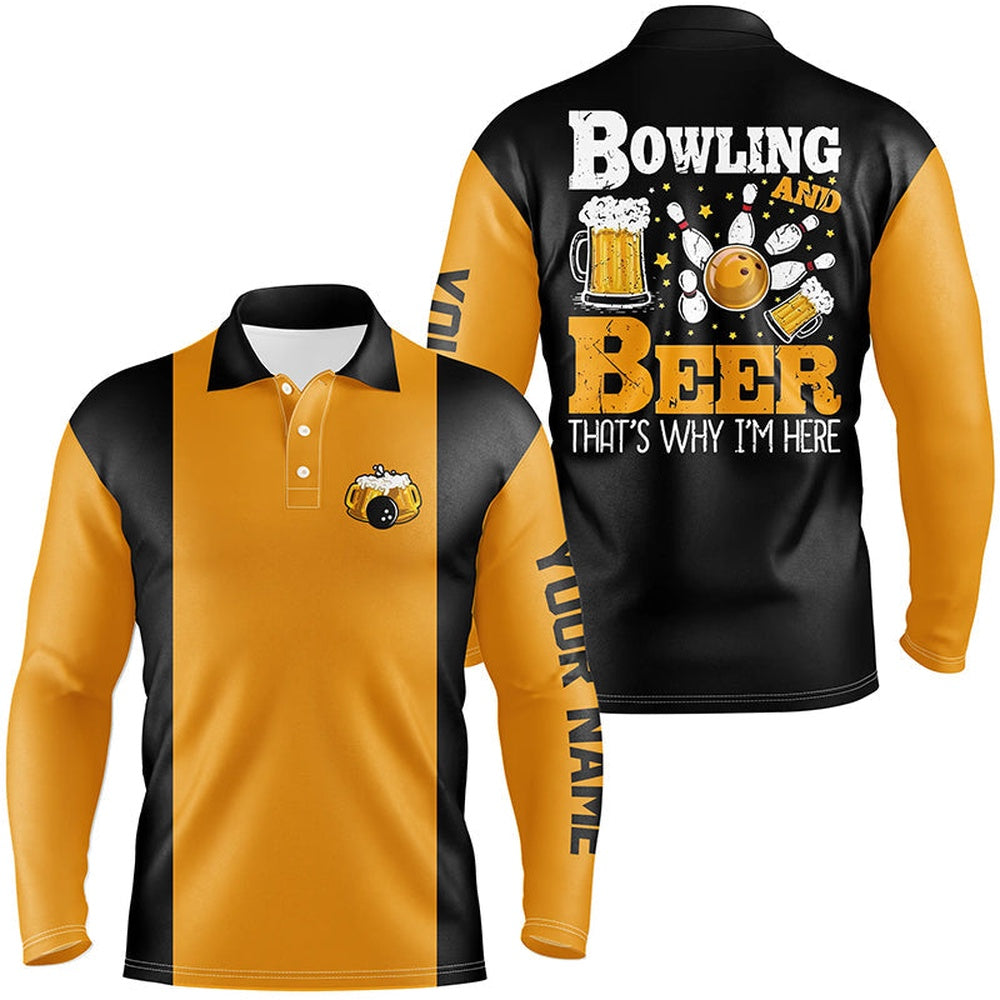 Custom Bowling Polo Shirts, Black And Yellow Retro Bowling Polo Shirts For Men Custom Bowling And Beer That'S Why I'M Here
