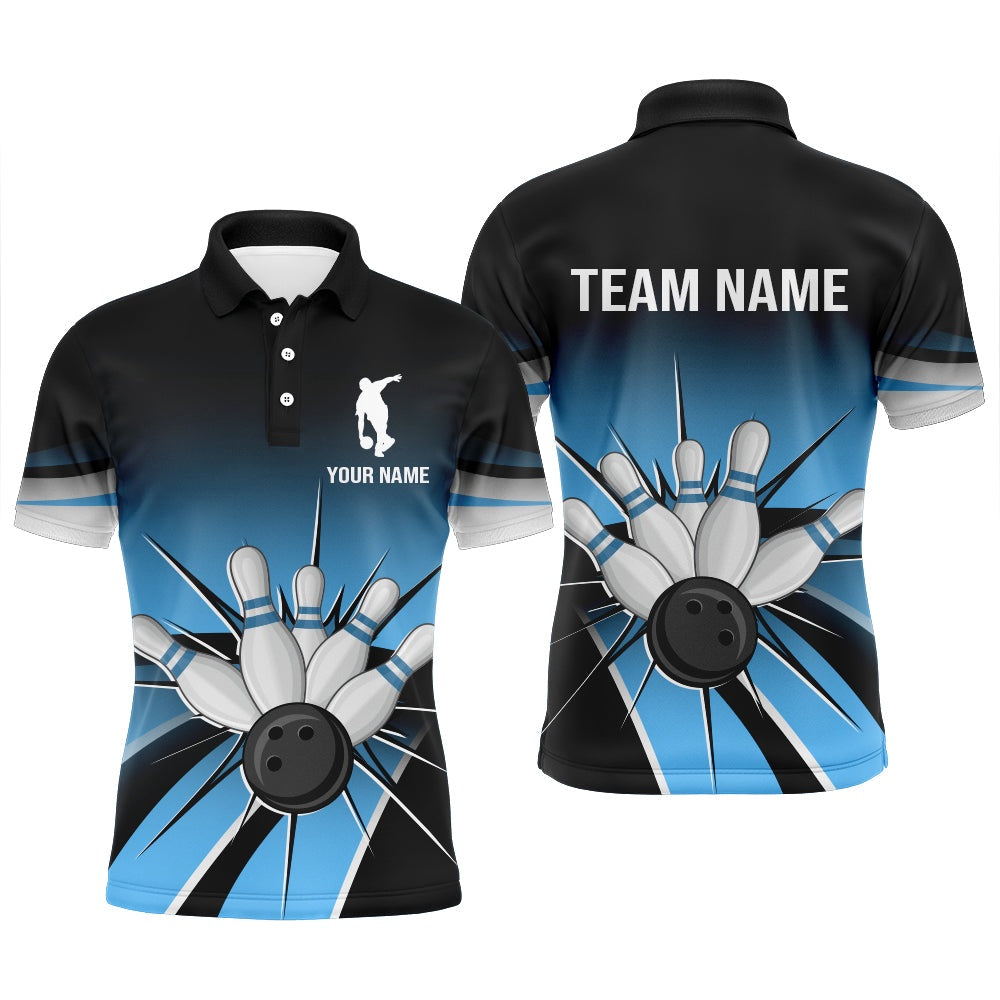 Custom Bowling Polo Shirts, Black&Blue Bowling Polo Shirt Vintage Custom Bowling Jersey For Men Bowling Team League Shirt