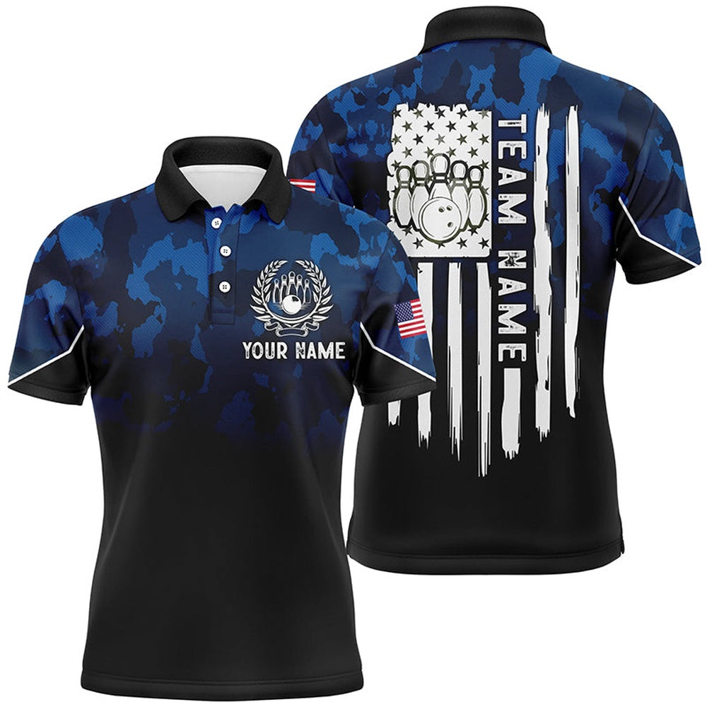 Custom Bowling Polo Shirts, Black Blue Camo Mens Polo Bowling Shirts Custom American Flag Patriotic Bowling Team League Jerseys