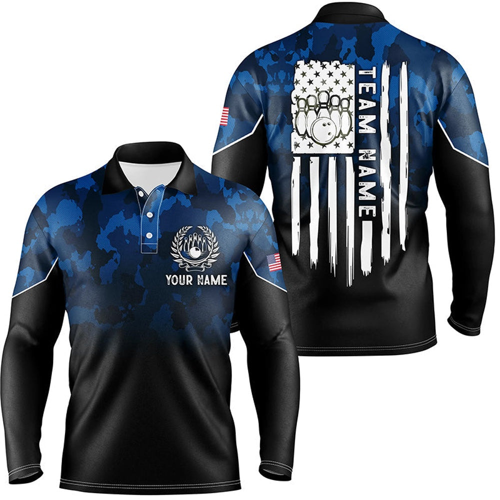 Custom Bowling Polo Shirts, Black Blue Camo Mens Polo Bowling Shirts Custom American Flag Patriotic Bowling Team League Jerseys