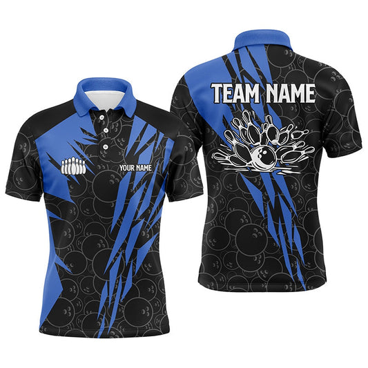 Custom Bowling Polo Shirts, Black Bowling Camo Mens Polo Bowling Shirt Custom Bowling Strike Team League Jerseys Blue