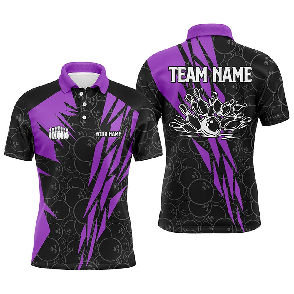 Custom Bowling Polo Shirts, Black Bowling Camo Mens Polo Bowling Shirt Custom Bowling Strike Team League Jerseys Purple