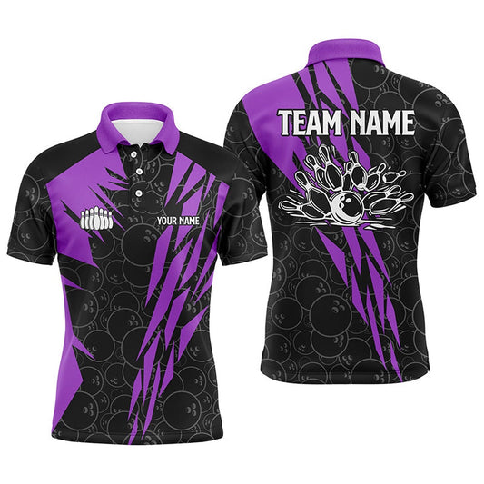 Custom Bowling Polo Shirts, Black Bowling Camo Mens Polo Bowling Shirt Custom Bowling Strike Team League Jerseys Purple