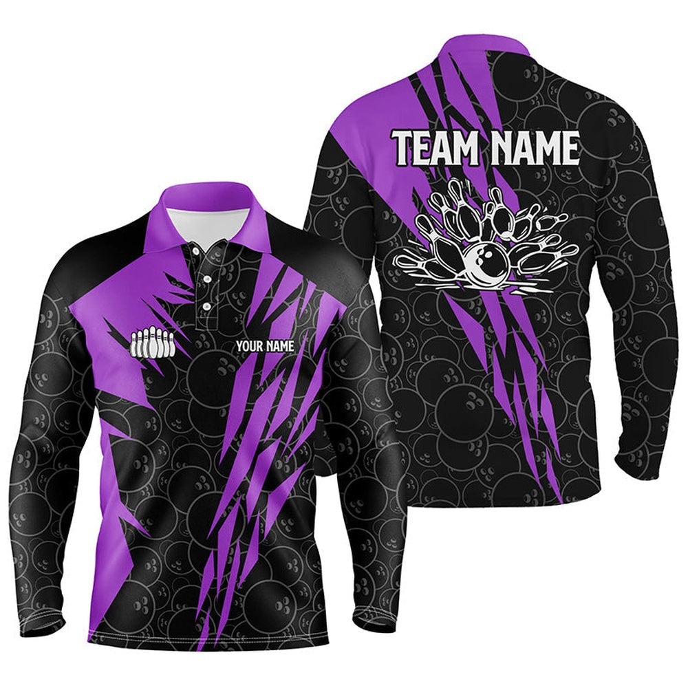 Custom Bowling Polo Shirts, Black Bowling Camo Mens Polo Bowling Shirt Custom Bowling Strike Team League Jerseys Purple